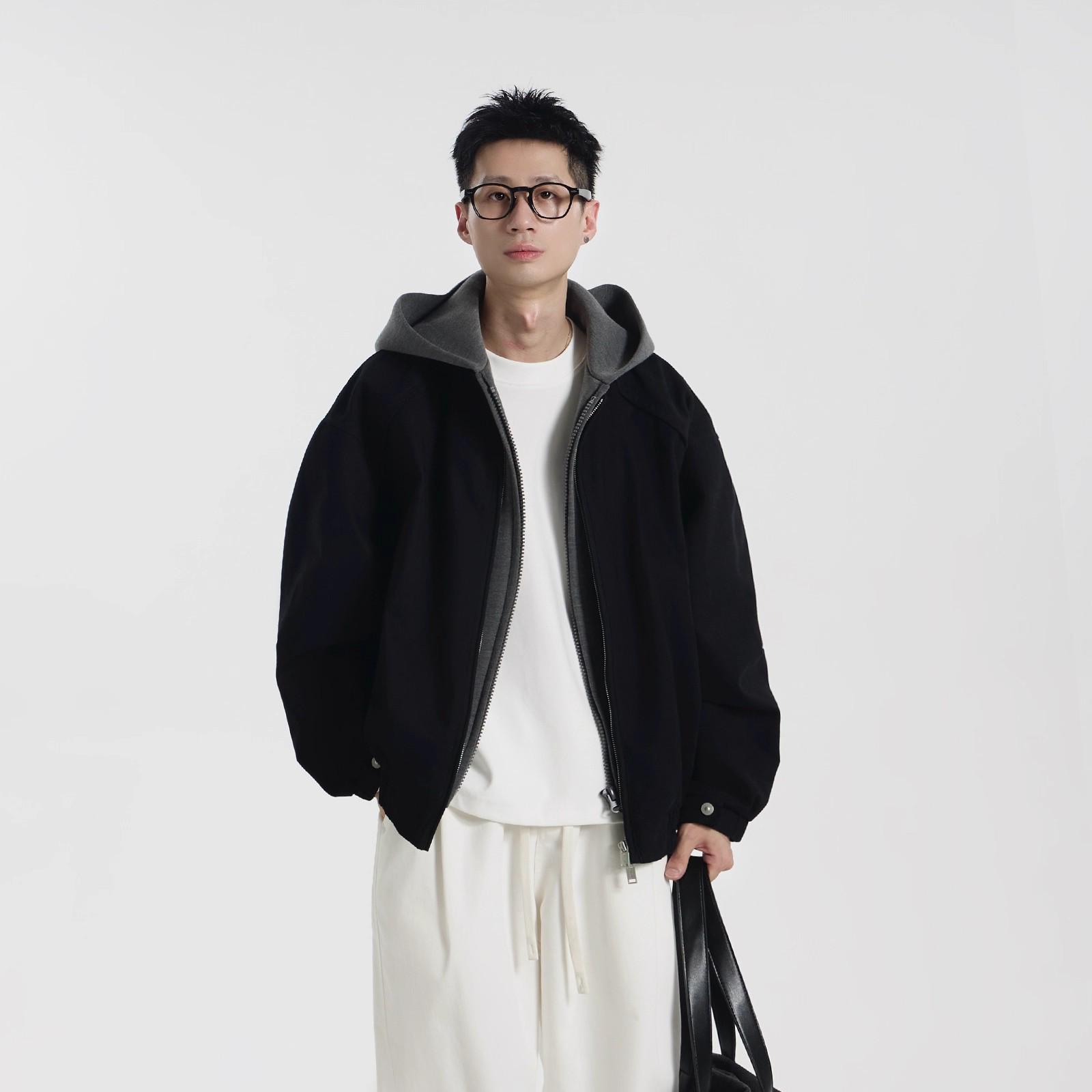Men s Two-Piece Color-Block Hooded Bomber Jacket - Black, Trendy & Thick for Autumn/Winter L