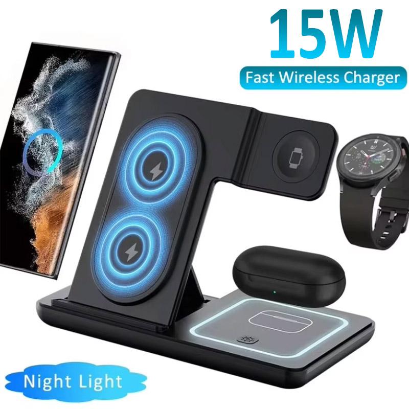 3 in 1 15W LED Foldable Wireless Charger Stand For Samsung S24 S23 Galaxy Watch 2-8 Active 1 2 Buds Pro Fast Charging Station