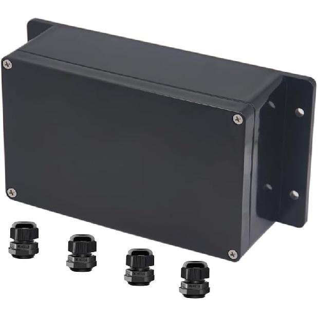 Project Box ABS Black Electrical Boxes IP65 Outdoor Waterproof Box Electronic Junction Box Fixed Ear Power Enclosure with Cable Glands for DIY