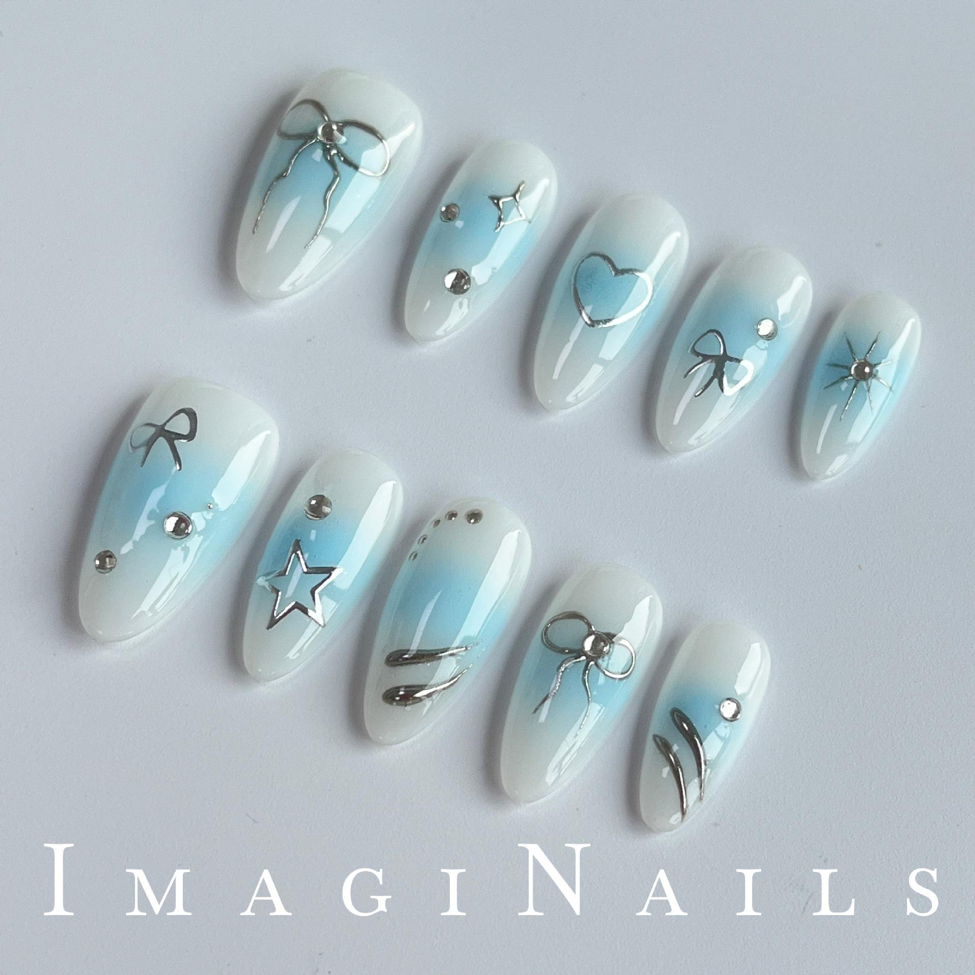 3D Carved Bow Almond Shape Handmade Wearable Nail Tips Medium Almond - Size S