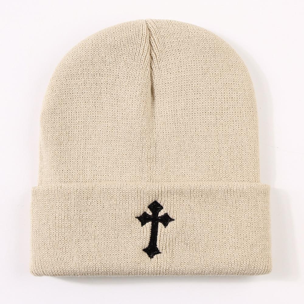 Cool Hat Exquisite Cross Embroidery Unisex Warm No Brim Knitted Hatsbeanie