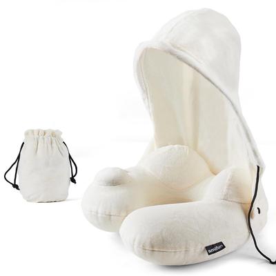 Amifun Neck Pillow for Airplanes and Memory Foam Neck Pillow with Travel Portable Pillow for Comfortable and Shoulder Popular Travel Beige Cars, Hood,
