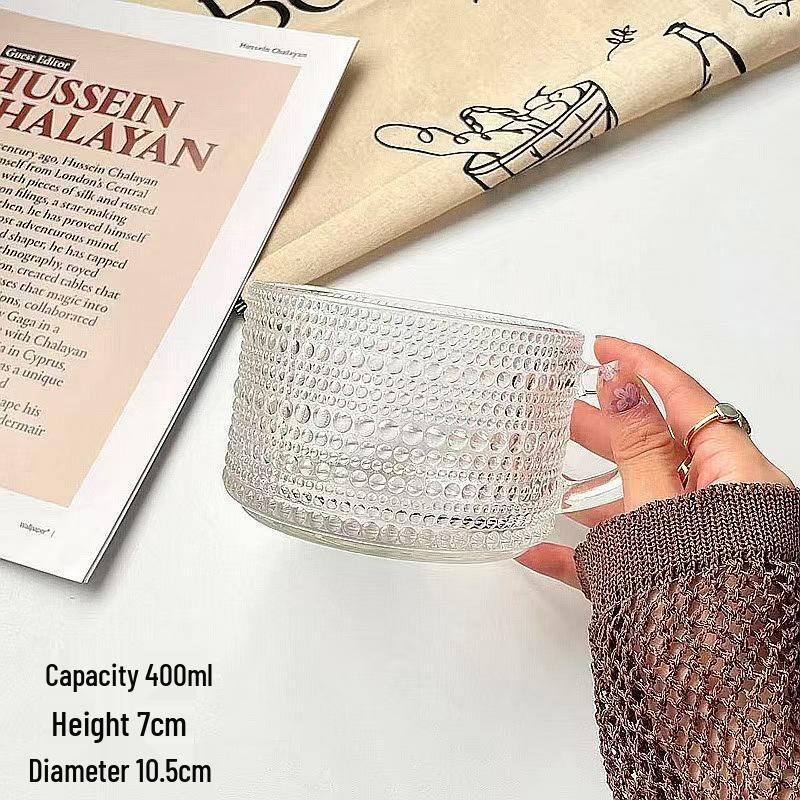 Sunflower Embossed Oatmeal Bowl with Handle & Spoon - Large Capacity Glass Milk & Cereal Bowl