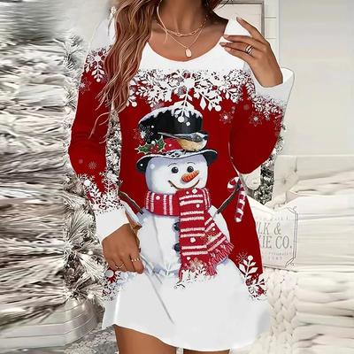 LYRIA Christmas Dress Women Casual O Neck Long Sleeve Printed Party Dress Red Loose Snowman Short Dress