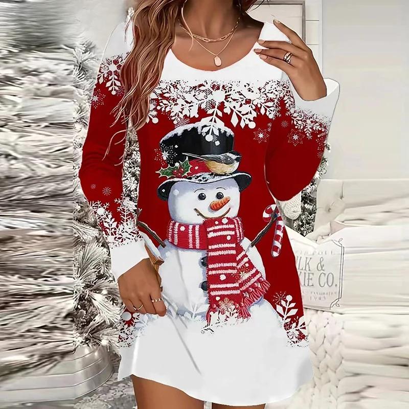 

Рождественское платье Женское Повседневное с круглым вырезом и длинным рукавом с принтом Вечернее платье Красное Свободное Платье-мини со снеговиком XXL