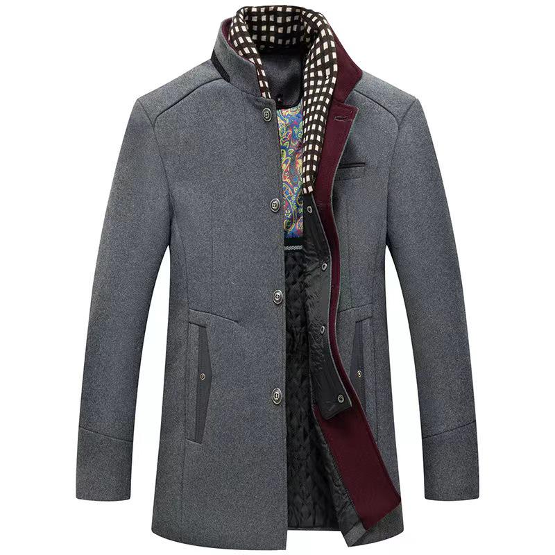 

Men s Mid-Length Wool Blend Overcoat with Turn-Down Collar EU L серый