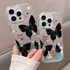 Vintage Black Glitter Butterfly Back Mirror Phone Case For iPhone 17 16 15 Pro Max 14 13 12 11 7 8 Plus X XR XS Air Soft Cover