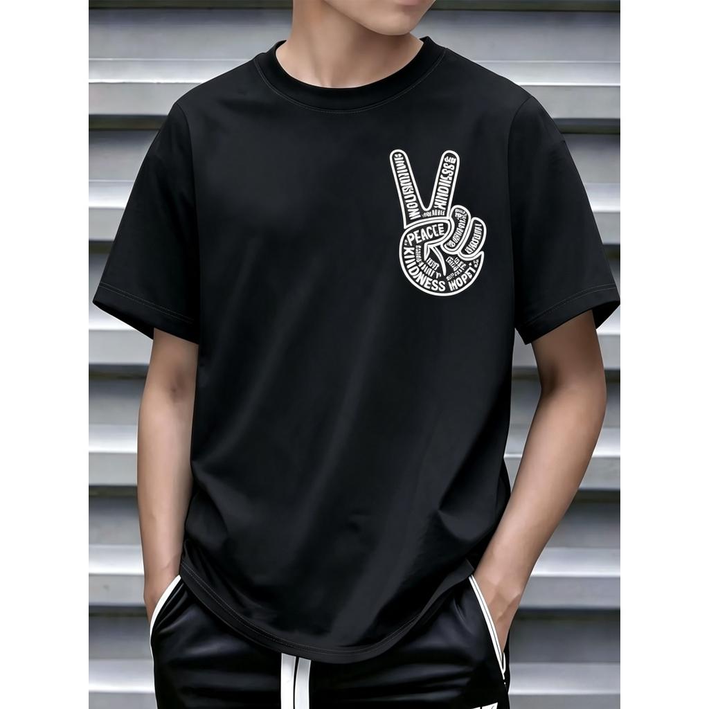 V Gesture Hand Sign Letter Print Men Round Neck Short Tee Ultra Quick Dry Trendy Smooth Light Premium Summer Streetwear Top