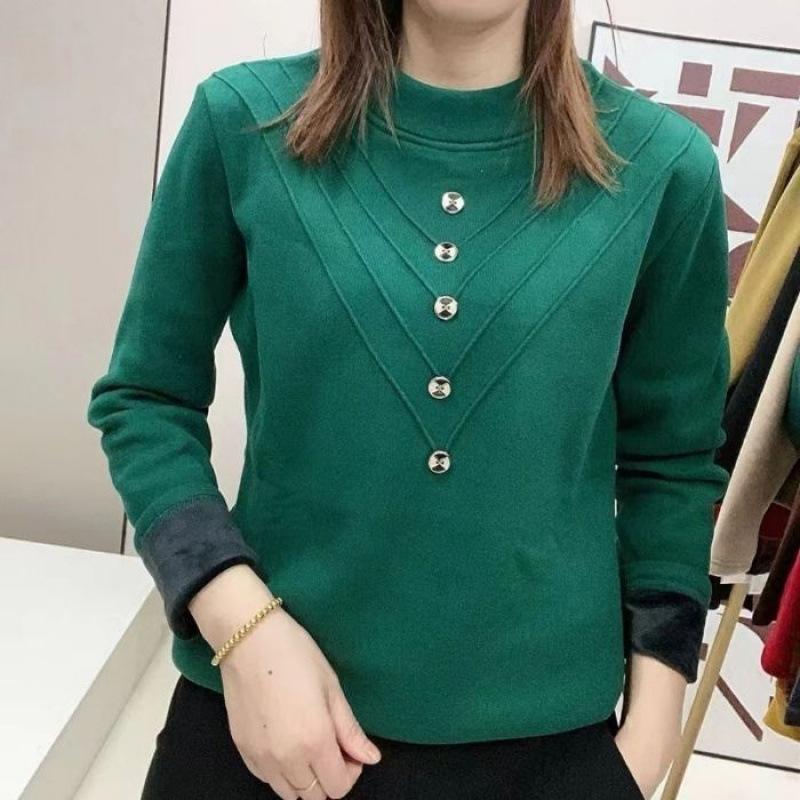 

Round Neck Top Warm Base Layer Double-sided German Velvet Loose Plus Velvet Thickening Autumn and Winter Style Long-sleeved Women 4XL зелений