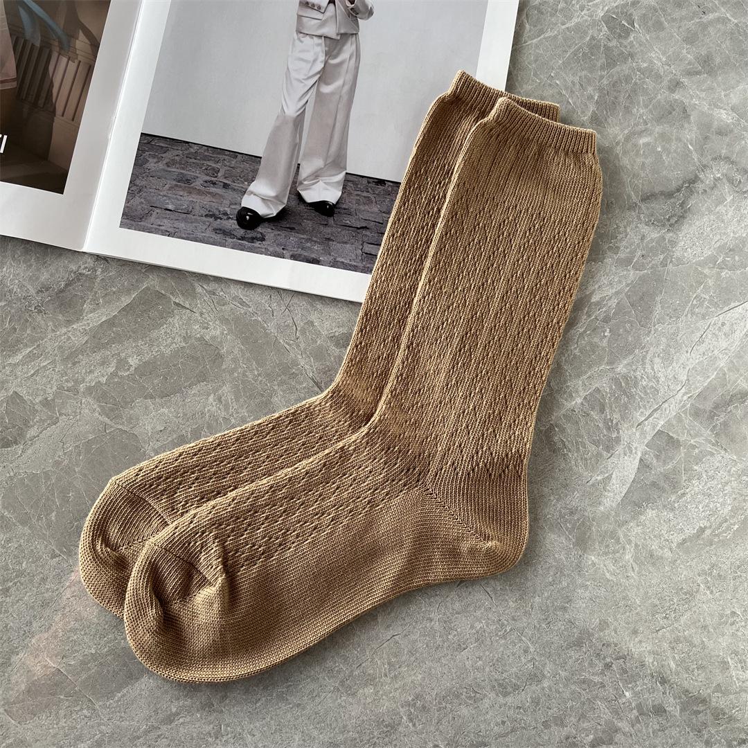 D Letter Knit Mesh Cotton Slouch Socks - Breathable Mid-Calf for Women One Size
