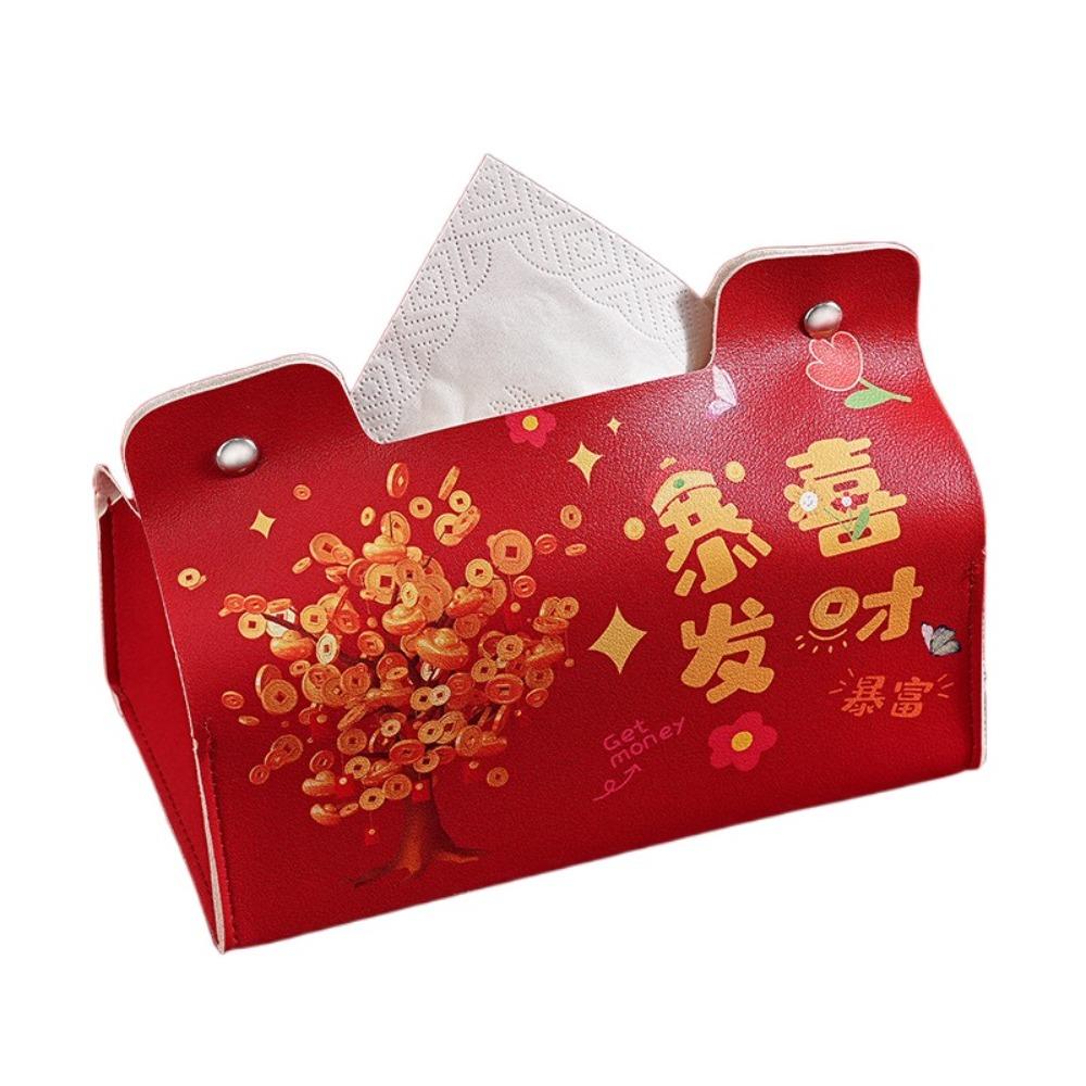 Leather Chinese New Year Tissue Box Cartoon Multi-function 2025 PU Napkin Box Waterproof Blessing Tissue Paper Holder
