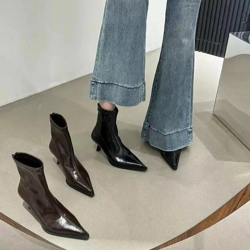 Spring Women's Pointed Toe High-heeled Short Boots with Stiletto Heelsoptional Fleece Lining Medium-heeled Fashion Women's Boots