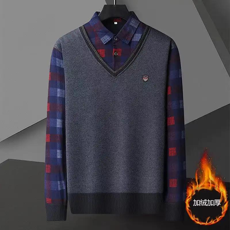 Autumn Winter Middle-aged Elderly Knitted Velvet Shirt Men's Thickened Sweater Base Warm Fake Two-piece Top