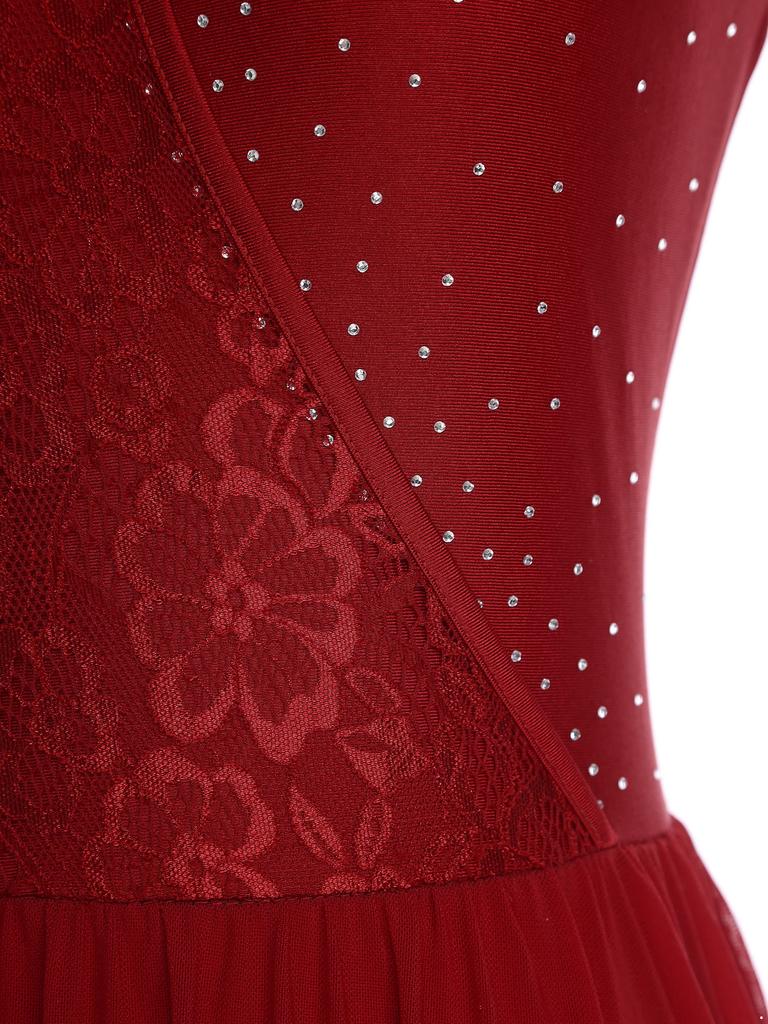 XS-XXL Women's Dance Leotard Floral Lace Rhinestones Irregular Hem Openable Crotch Performance Wear