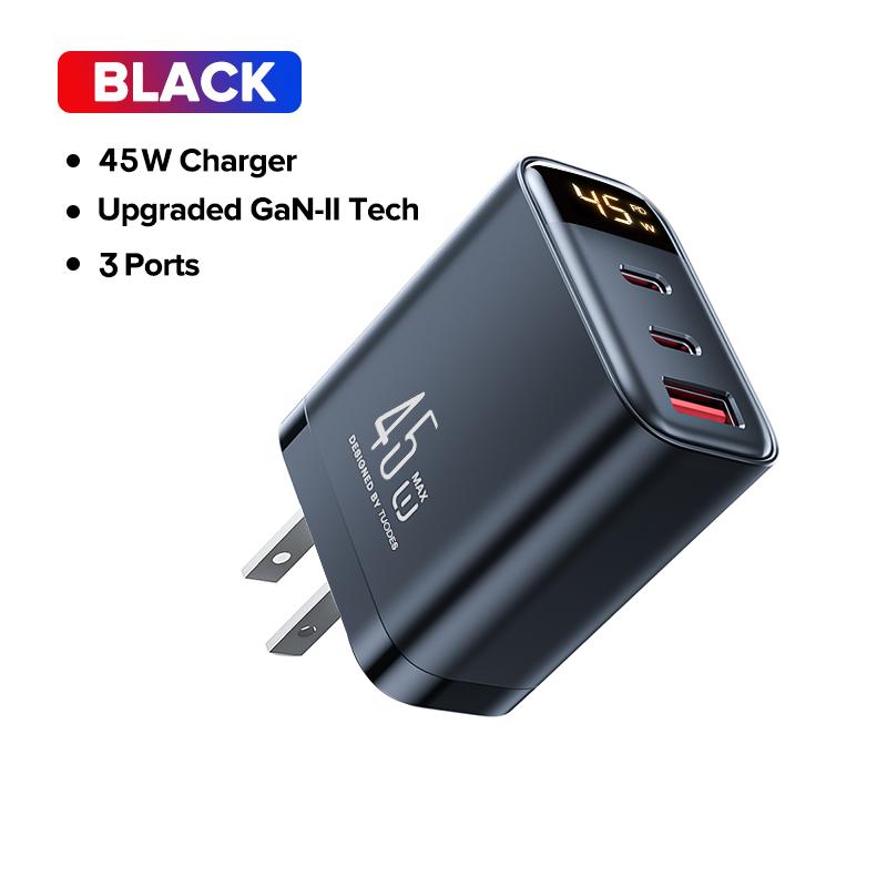 

TUODES 45 Вт GaN USB Зарядное устройство 3 порта USB Type C Быстрая зарядка PD3.0 Quick Charge Сетевой адаптер для iPhone Samsung Xiaomi iPad чёрный