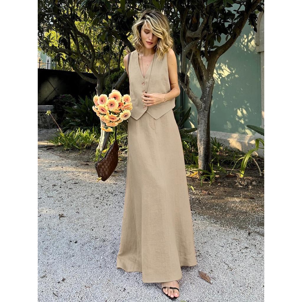 Women's  Summer Cotton Linen Vest Maxi Skirt Two Piece Set Casual Outfit, European American Style Casual Matching Suit
