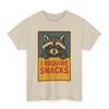 Retro Raccoon Meme T-Shirt: I Require Snacks Comic Tee