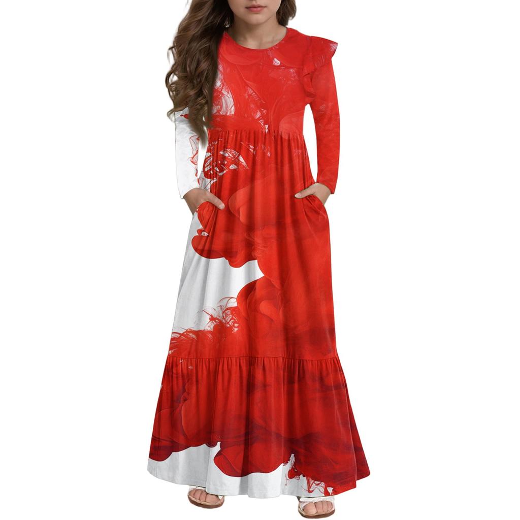 Girls' Tiered Ruffle Dress Halloween Day - Long Sleeve Printed Maxi With Pockets