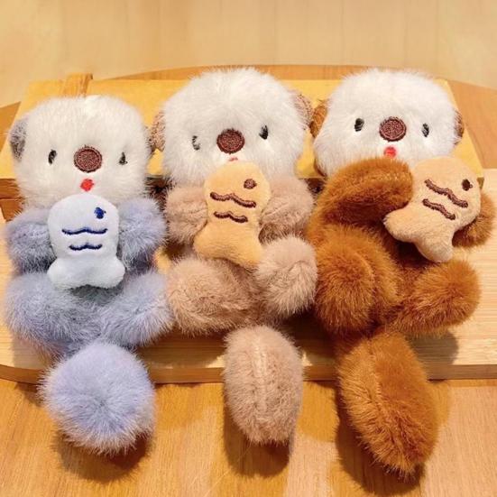 Plush Animal Pendant Cute Otter Holding Fish Keychain Pendant Stuffed Orangutan Bag Backpack Charm Gift for Kids Friends
