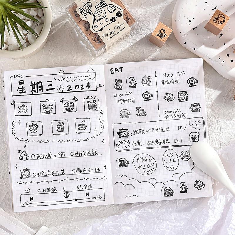 9 Pcs Wooden Journal Stamps Set, Cartoon Character Seals, Adorable Scrapbooking Supplies