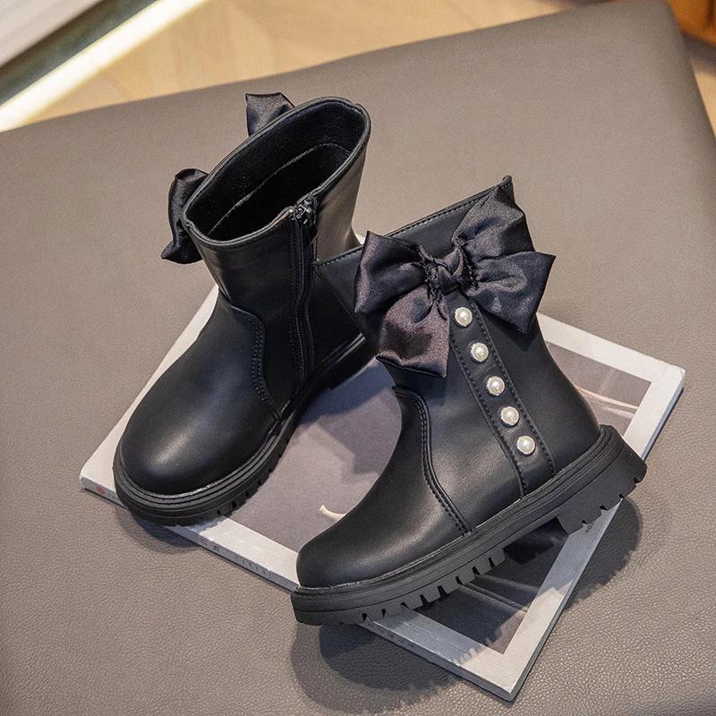 

2024 Новые ботиночки для девочек с жемчугом и бантом, простые нескользящие детские ботильоны, бежевые, черные, элегантные, шикарные, принцесса, детские туфли, модные, на плоской подошве 28 чёрный