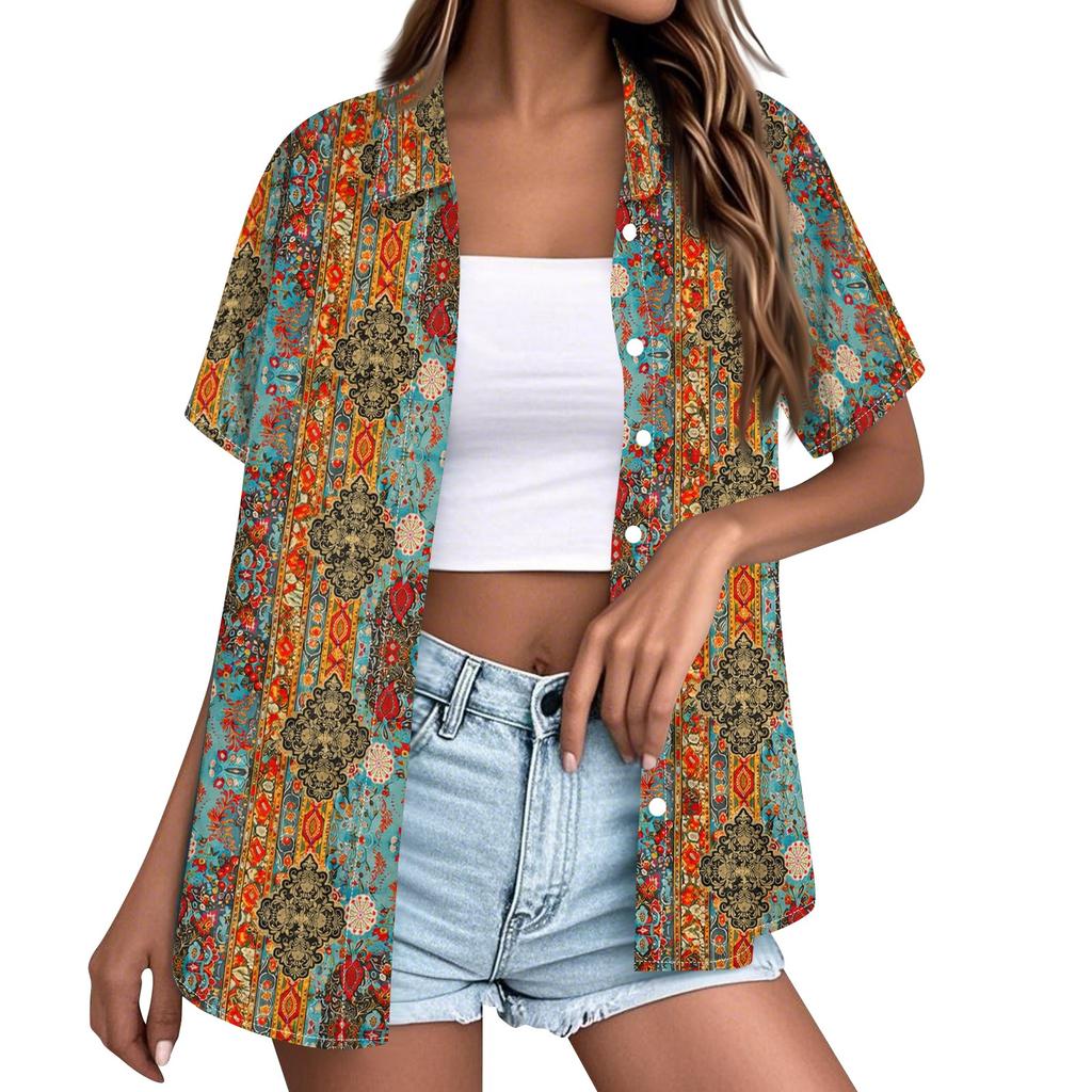 Women's Casual Short Sleeve Button Down Shirt Hawaiian Print Open Front Collar Blouse Lightweight Summer Top