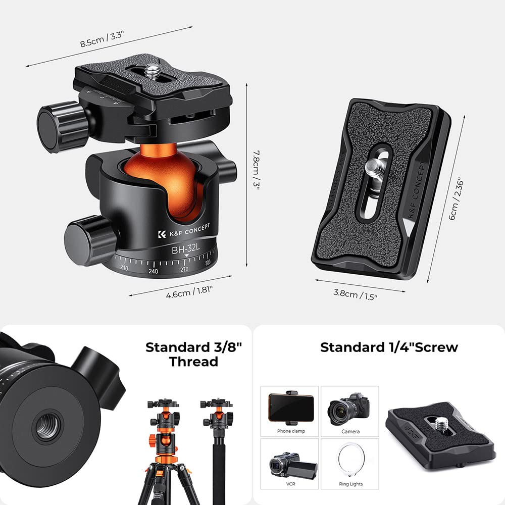 Concept Ball 32mm Ball 12kg Load Aluminum Plate for Video and K&F Head, Head, Capacity, Construction, 360° Rotation, 1/4" Screw, Arca-Swiss
