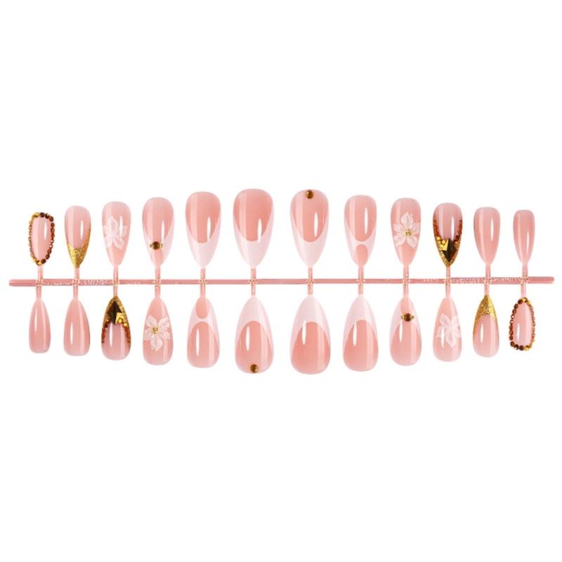 24Pcs Golden Lines Embellishments Press On Nail Short Almond Shape With Metallic Flower Effect