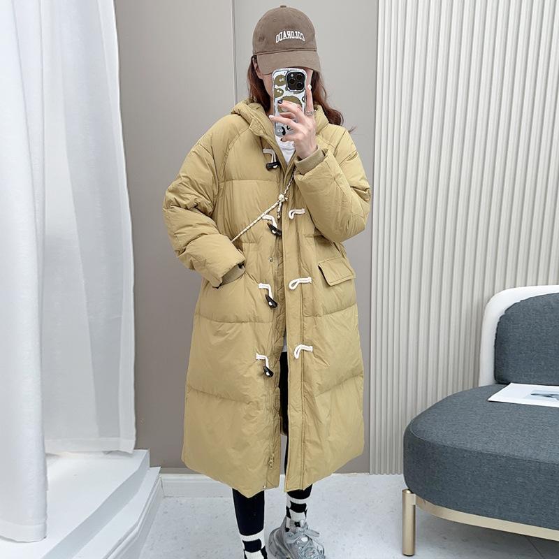 Gentle horn buckle down jacket women's long 2024 winter new Pinghu thickened small person over the knee warm jacket