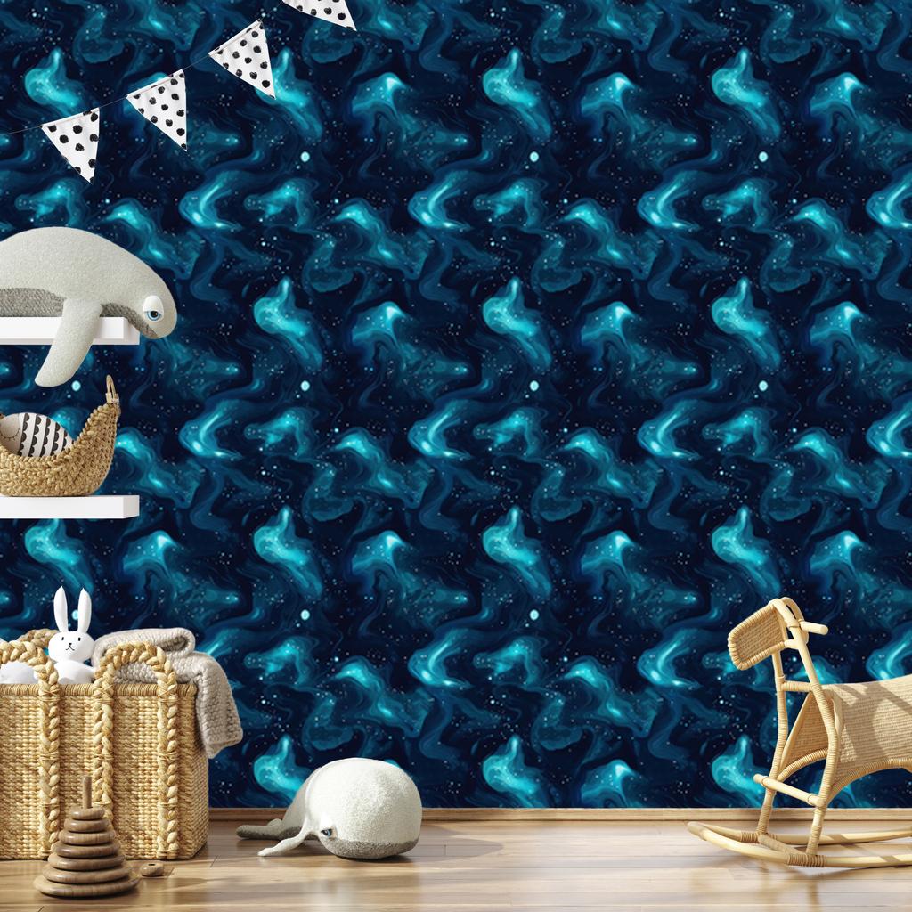Watercolor Galaxy Wallpaper Navy Blue and Turquoise, Soft Forms 50x1000