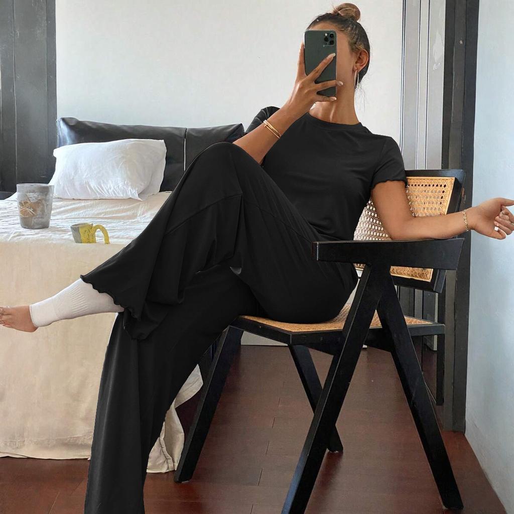 Women's Fall Two Piece  Outfits Long Sleeve Tops Tee Shirts Wide Leg Pants Sets