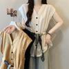 Plus-Size Korean Style V-Neck Buttoned Silk Scarf Sleeveless Women's Summer T-shirt - New Loose Slimming Design