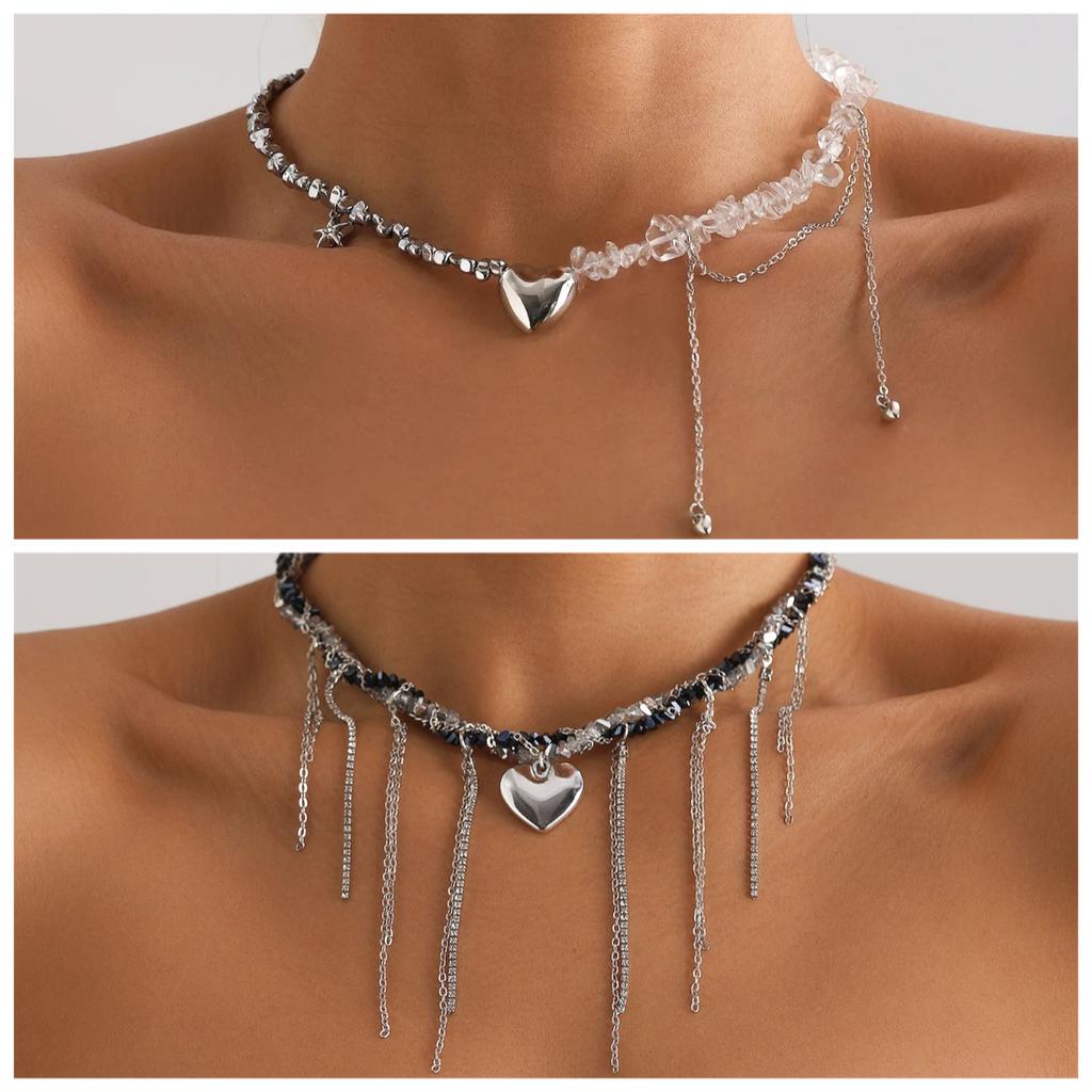 Y2K Heart Beaded Necklace Women Boho Irregular Crystal Class Gravel Clavicle Chain Cool Y2K Choker Exquisite Fashion Jewelry