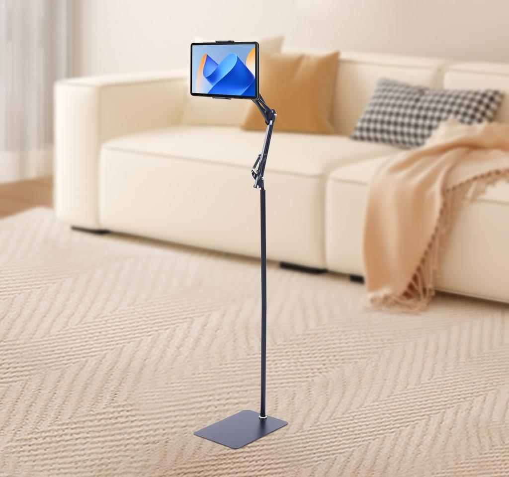 Height Adjustable Floor Stand for Tablet & Phone, 360° Rotating IPad Holder, Modern Black Carbon Steel Stand for Bedroom, Office