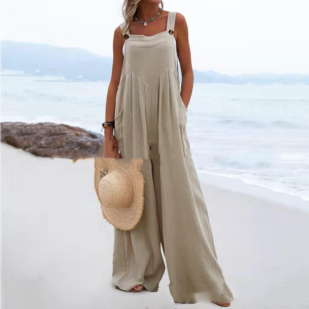 2024 Women's Ethnic Style Sleeveless Wide-Leg Button Jumpsuit