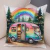 Happy Campers Pillow Case Double Print Decor Cartoon House Travel Car Cushion Cover for Sofa Home Soft Plush Pillowcase