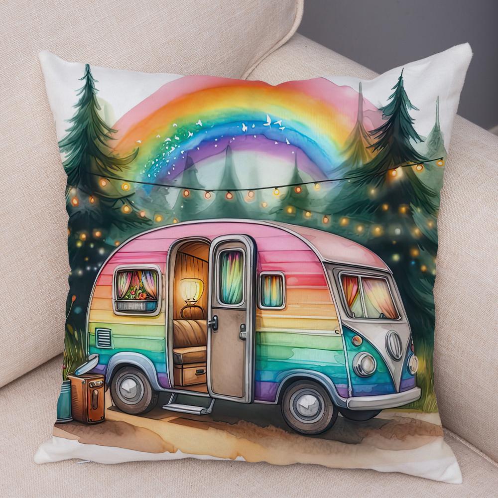 Happy Campers Pillow Case Double Print Decor Cartoon House Travel Car Cushion Cover for Sofa Home Soft Plush Pillowcase