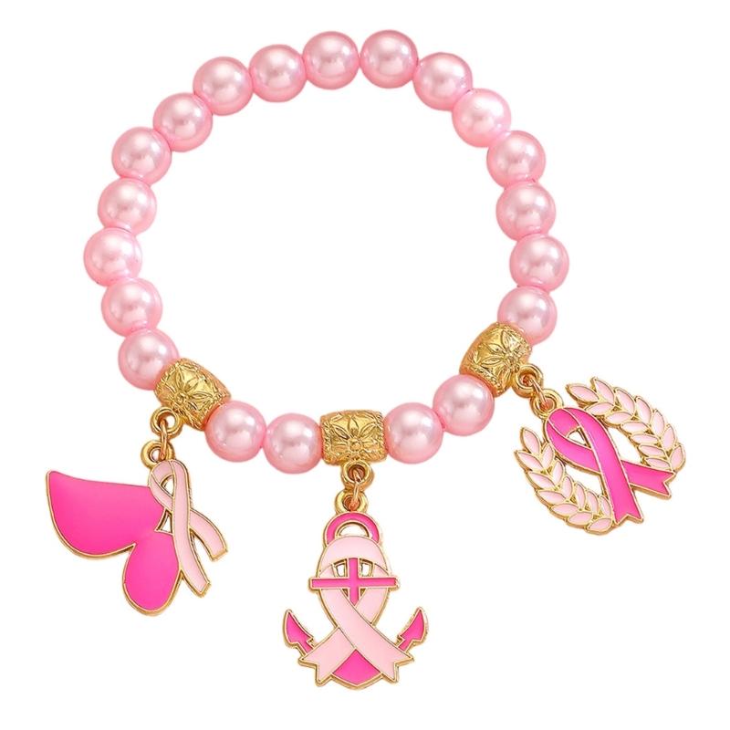 

Adjustable Breast Cancers Awareness Beaded Bracelet With Ribbon Wheat Charm Alloy Wrist Accessory For Women Gift