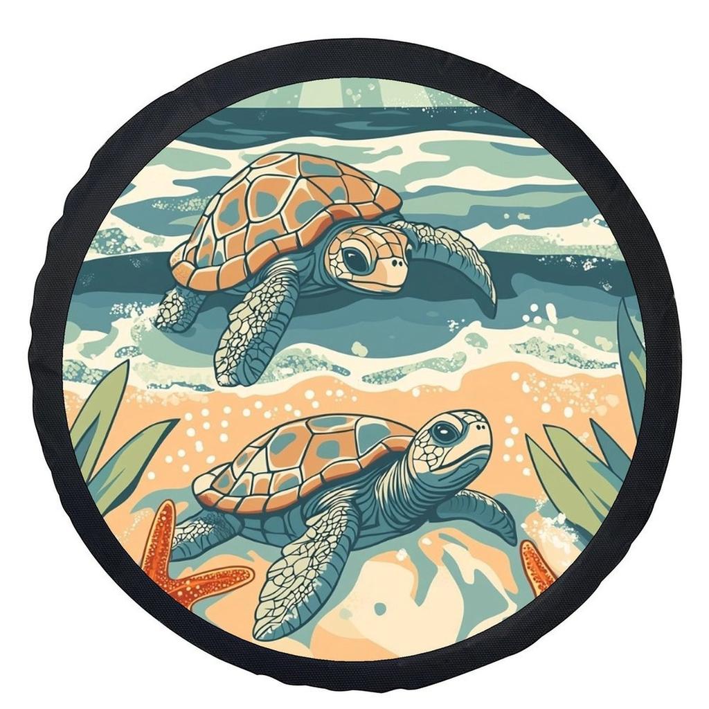 Single Piece Tire Cover Featuring Turtles And Starfish With A Beach Theme, Stylish Universal Fit For Wheel Protection, Compatibl