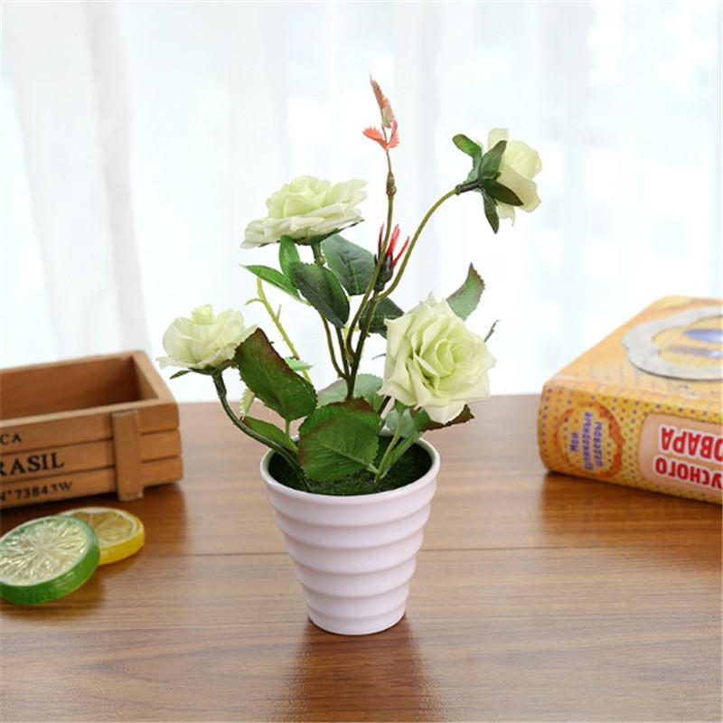 

1Set Artificial Silk Rose Flower Bonsai With White Pot Home Garden Balcony Wedding Christmas Party Decoration зелёный
