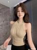 #Summer new pure desire wind pleated neck strap vest slim slim women's fixed chest pad top