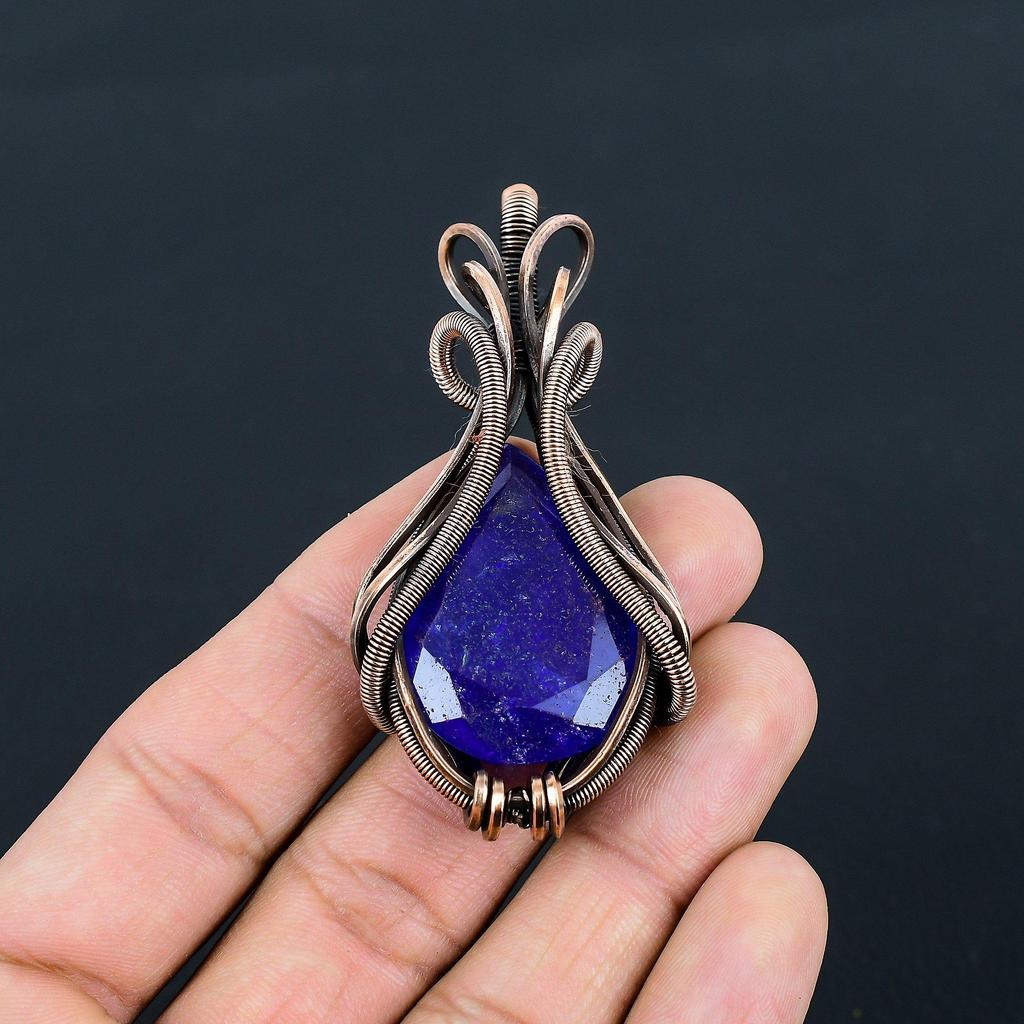 Blue Sapphire Lab-Created Gemstone Handmade Pure Copper Wire Wrap Jewelry Pendant For Love