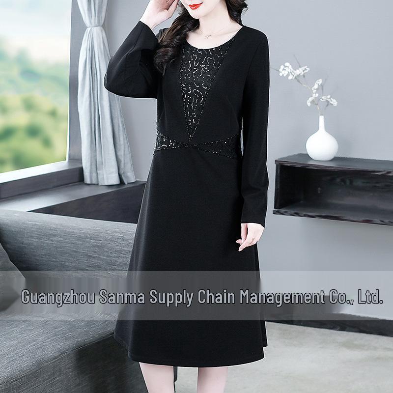 

2025 Spring Retro Embroidered Long Sleeve Plus Size Slimming Dress for Middle-Aged Women 2XL (140-160 Jin) чёрный