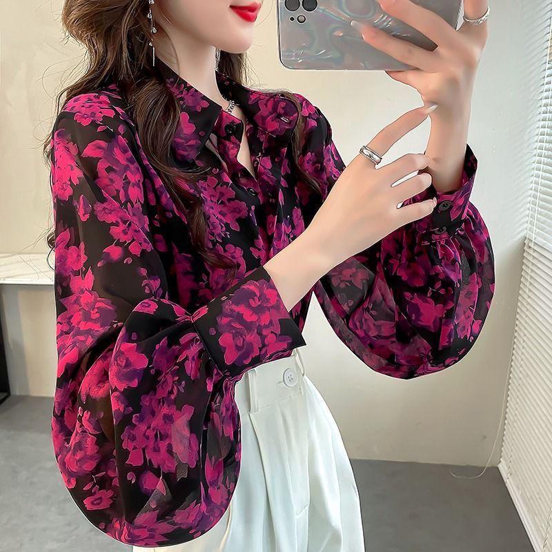 

Женский весенний свободный топ с рукавами-фонариками - модная рубашка с принтом в стиле ниши M