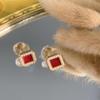 High-End Red Pearl Square Ear Clips: Retro & Simple Design, No-Piercing