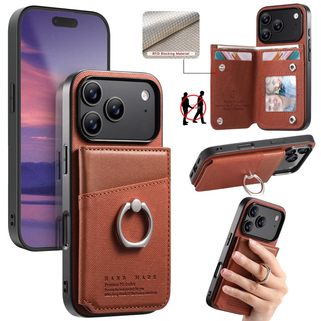 For iPhone 17 Pro Case with Card Holder Kickstand Leather + TPU + PC Phone Cover