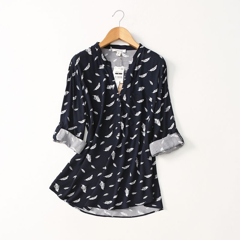 Export Export Loose V Neck Artificial Cotton Shirt Women's Three-Quarter Sleeve Cotton Silk Tops Spring and Summer Rollable Sleeves