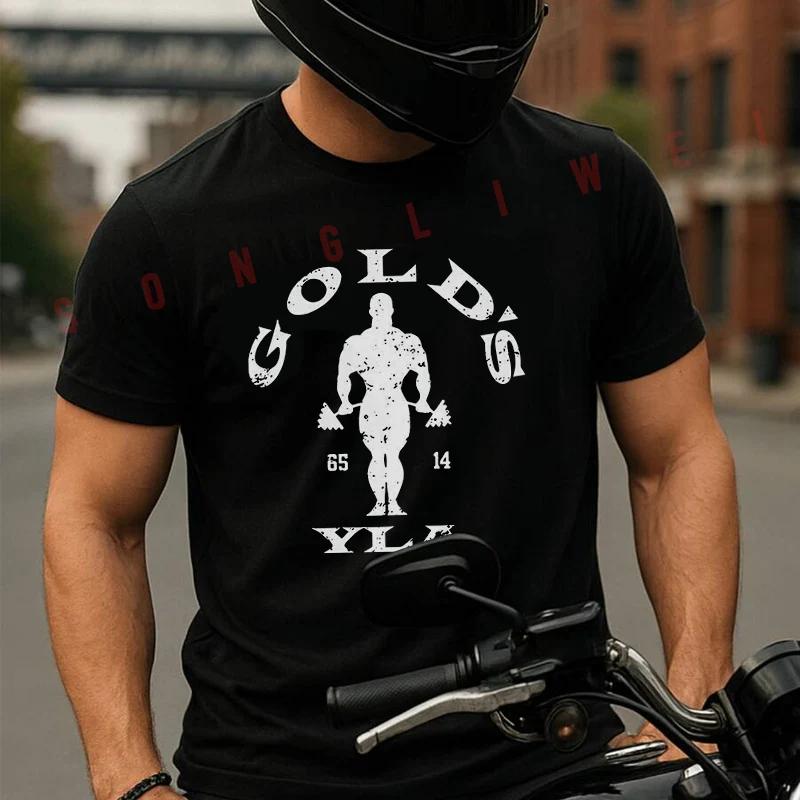 Moto Retro 1980s Gym Design With Golden's Weightlifting Print T-Shirt Cotton Men Summer TShirts