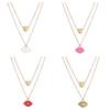 18K Gold Double Layered Mini Heart & Lips Enamel Stainless Steel Necklace Pendant for Women