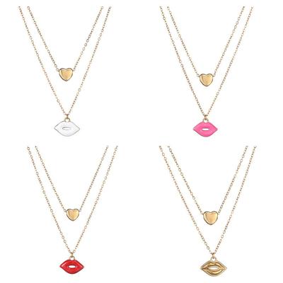 18K Gold Double Layered Mini Heart & Lips Enamel Stainless Steel Necklace Pendant for Women